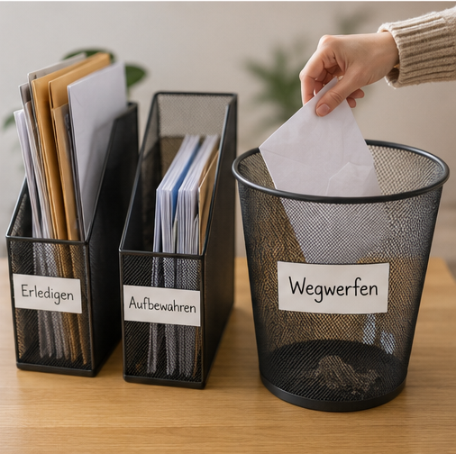 Hand sortiert einen Brief in einen Papierkorb mit der Aufschrift „Wegwerfen“. Daneben stehen Ablagen für „Erledigen“ und „Aufbewahren“.