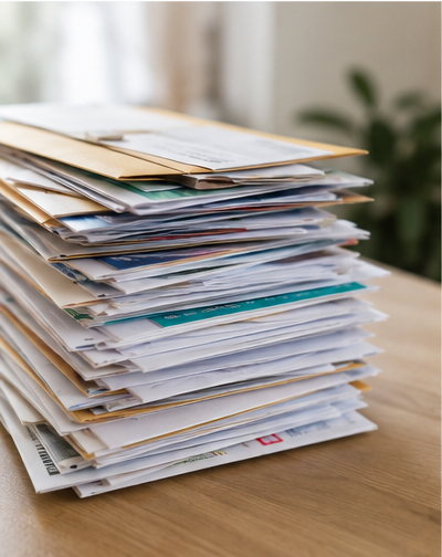 Hoher Stapel aus Briefen, Rechnungen, Umschlägen und anderen Unterlagen auf einem Tisch als Beispiel für unübersichtlichen Papierkram.