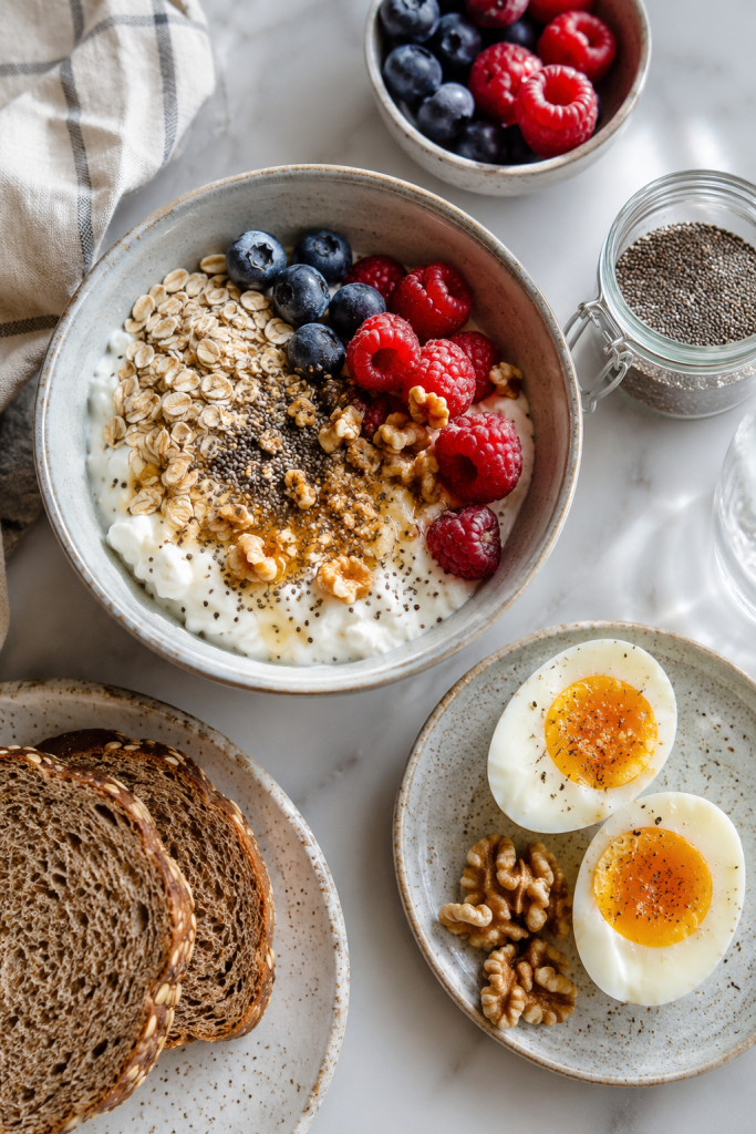 Proteinreiches Frühstück mit Joghurt, Haferflocken, Beeren, Walnüssen, Chiasamen, gekochten Eiern und Vollkornbrot als einfache Frühstücksidee bei ADHS.
