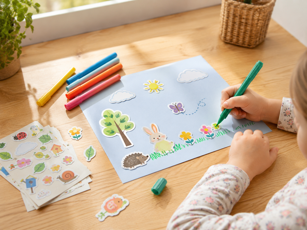 Kind gestaltet mit Stickern und Filzstiften eine bunte Gartenszene