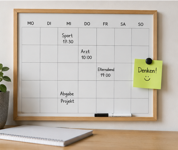 Wochenkalender mit eingetragenen Terminen und Aufgaben wie Sport, Arzttermin, Elternabend und Projektabgabe sowie einem Erinnerungszettel.