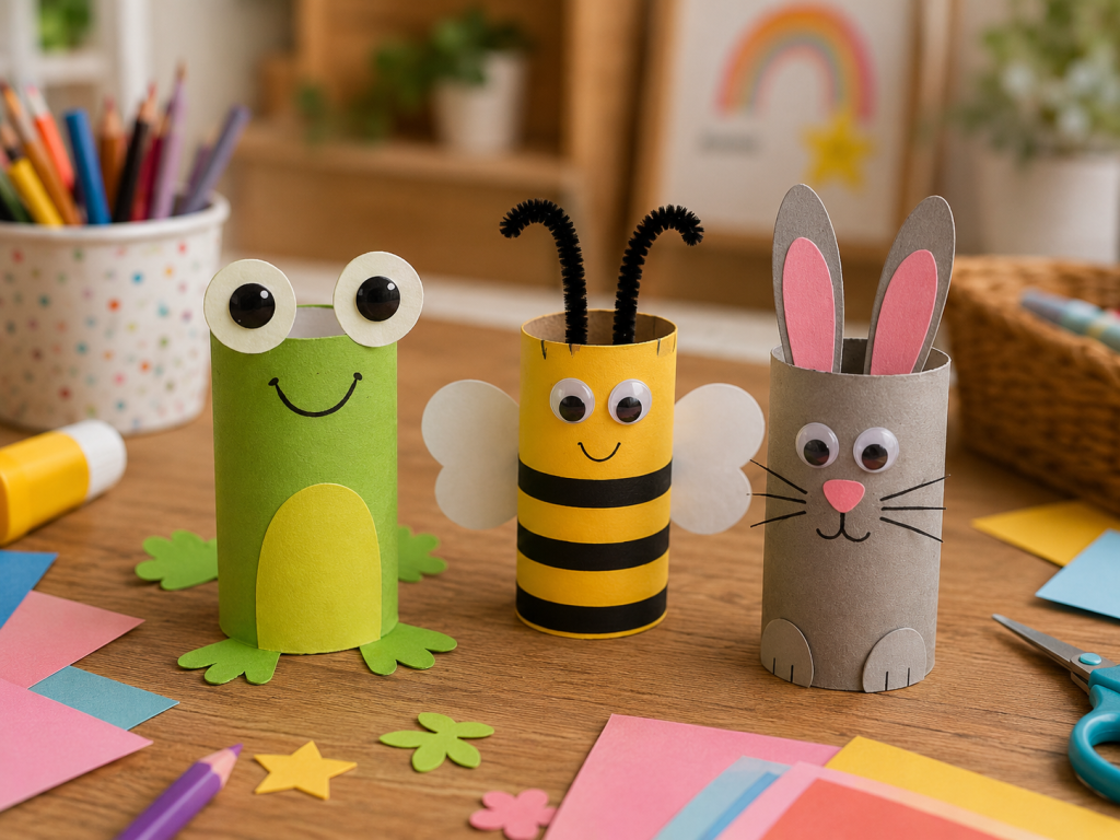 Drei Tiere aus Klopapierrollen basteln: Frosch, Biene und Hase