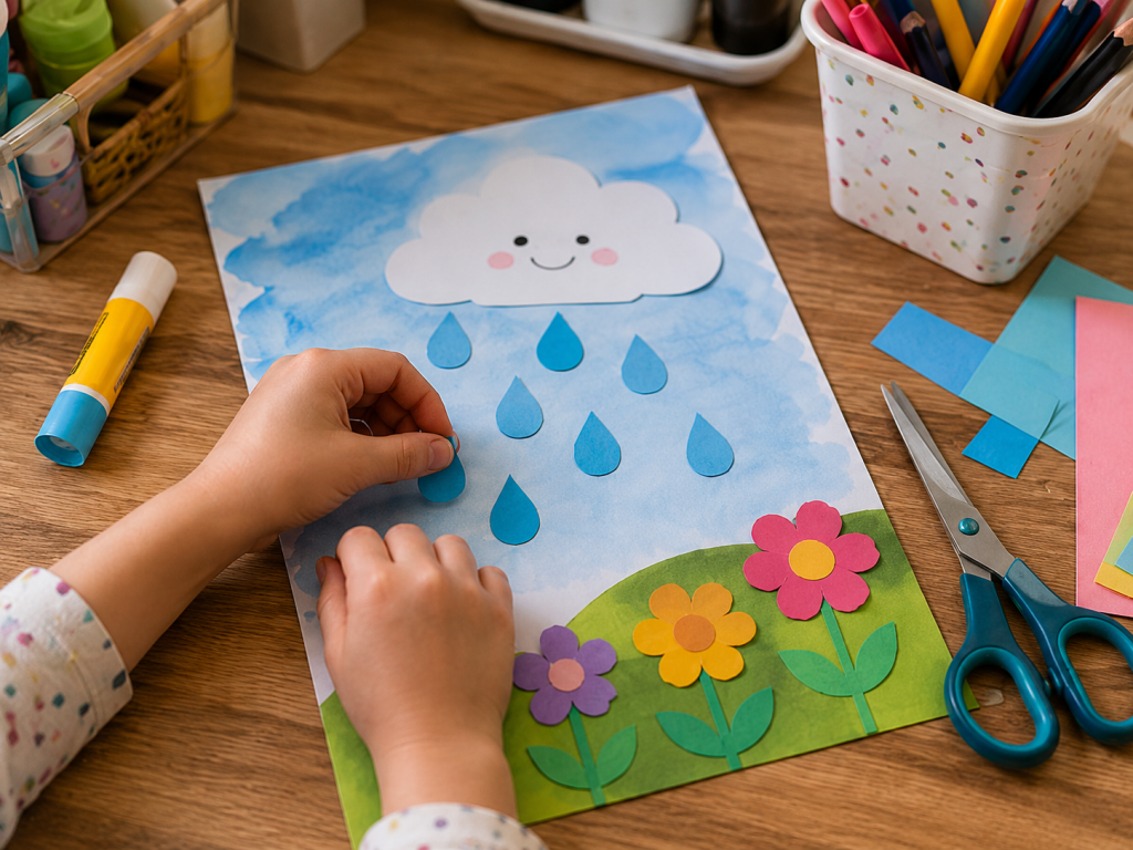 Kind bastelt ein Wetterbild mit Wolke, Regentropfen und bunten Blumen