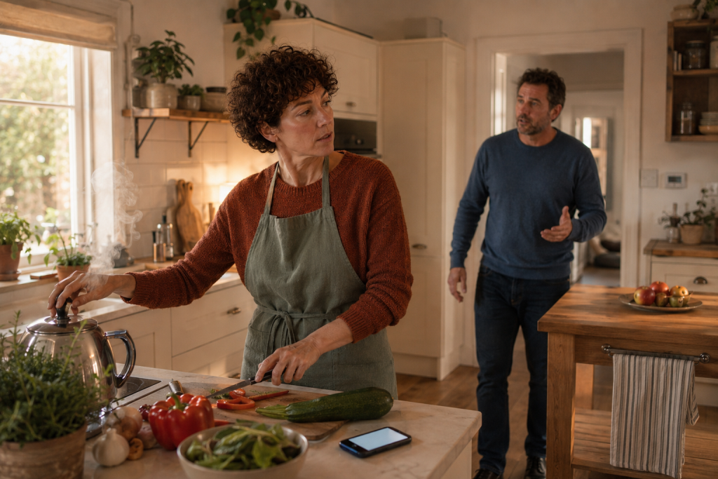 Frau mit ADHS wird beim Kochen von einem Gespräch überfordert