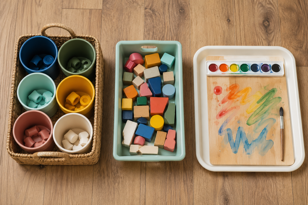 Übersichtlich vorbereitete Beschäftigungsmaterialien für Kleinkinder in Körben und Tabletts