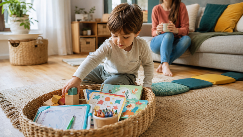Kleinkind wählt selbstständig Spielsachen aus einem vorbereiteten Beschäftigungskorb