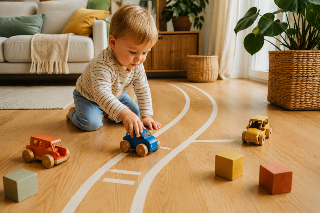 Kleinkind fährt mit einem Spielzeugauto auf einer Klebebandstraße am Boden.