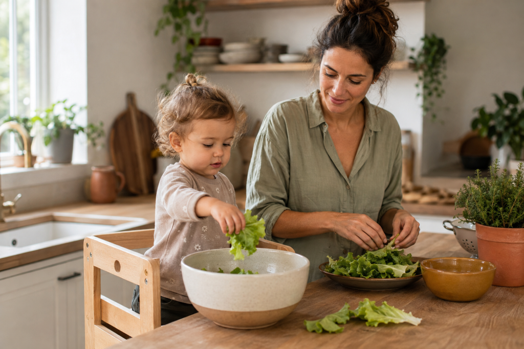 Kleinkind legt Salatblätter in eine Schüssel und hilft seiner Mutter beim Kochen.