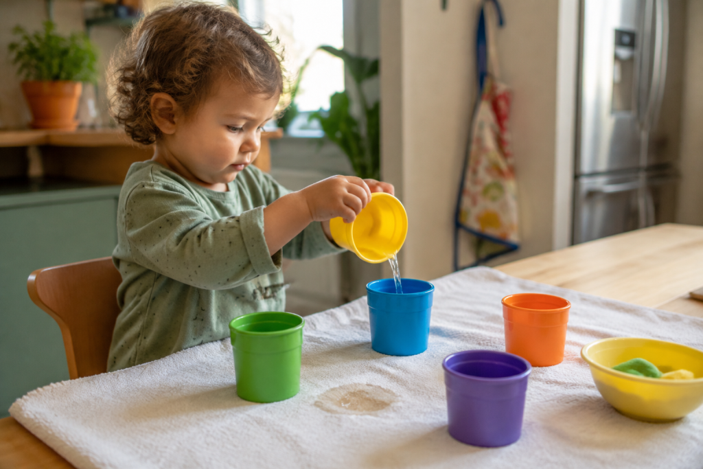 Kleinkind füllt Wasser zwischen bunten Bechern um