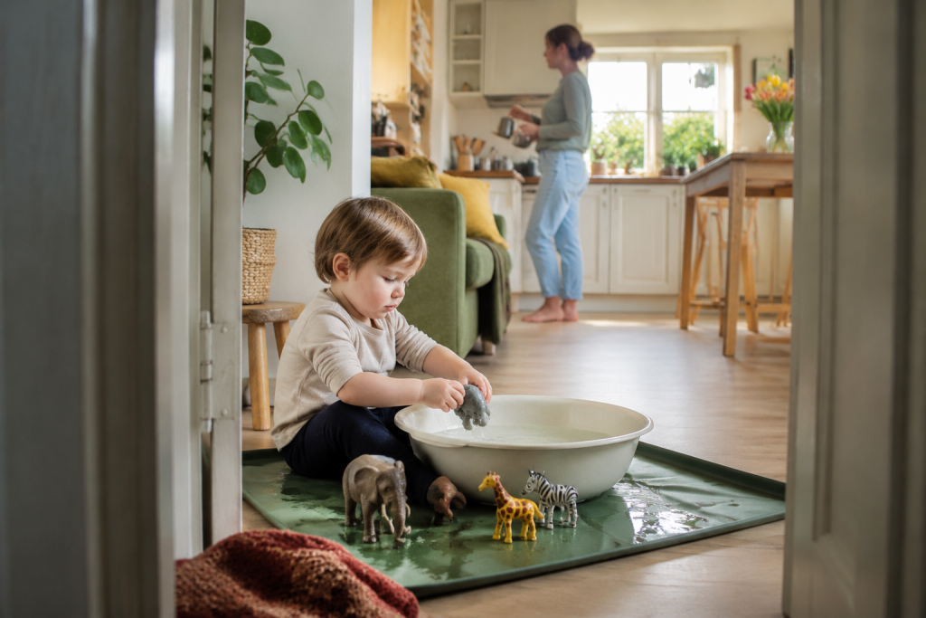 Kleinkind beschäftigt sich mit Wassertieren, während die Mutter in der Nähe ist.