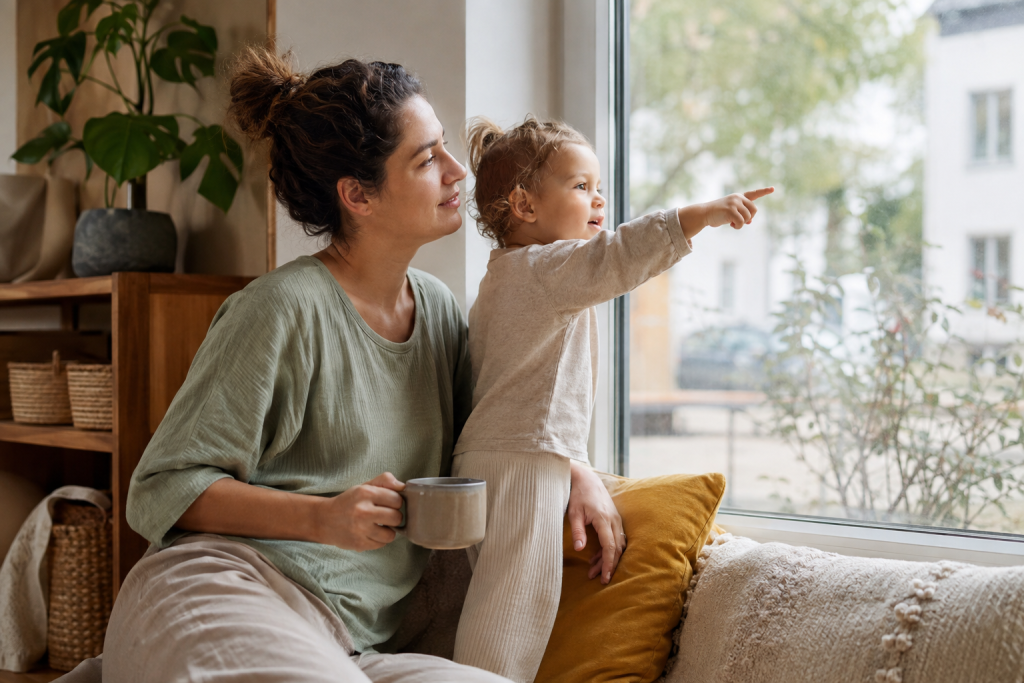 Mutter und Kleinkind schauen gemeinsam aus dem Fenster und beobachten ihre Umgebung.