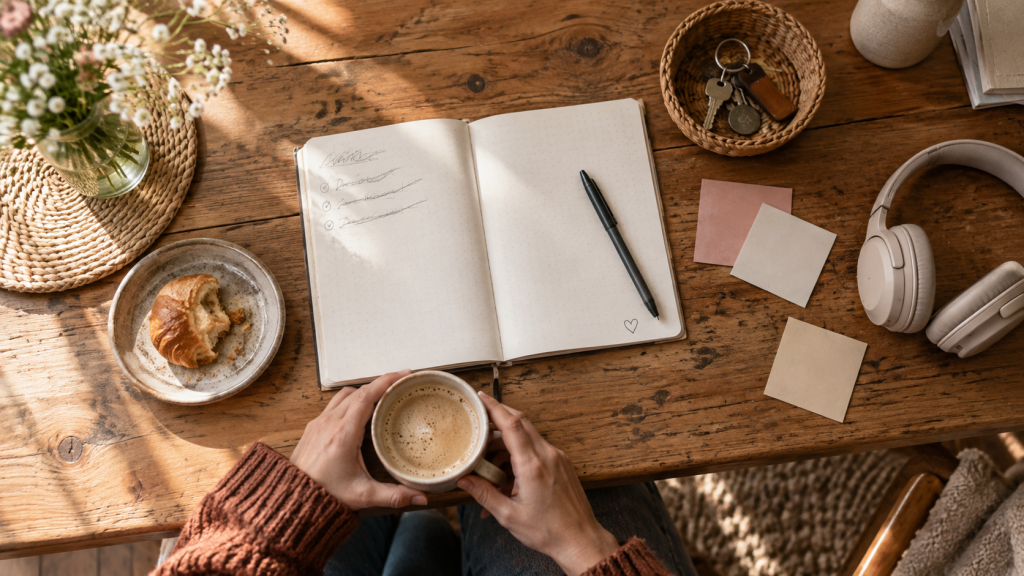 Alltagstisch mit Notizbuch, Kopfhörern, Schlüsseln und einer Tasse Kaffee – Sinnbild für ADHS bei Frauen im Alltag.