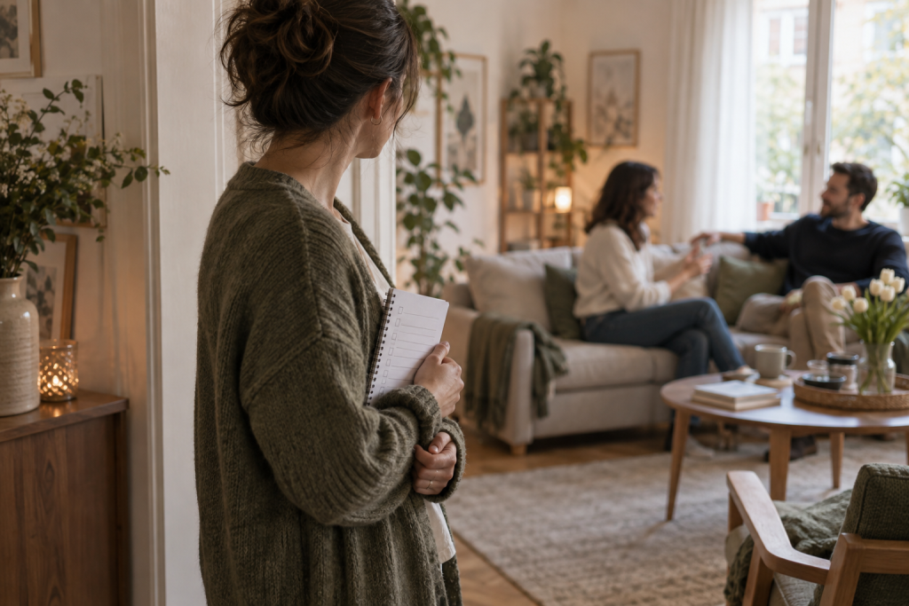 Frau mit Checkliste beobachtet ein Gespräch – Symbolbild für Masking bei ADHS
