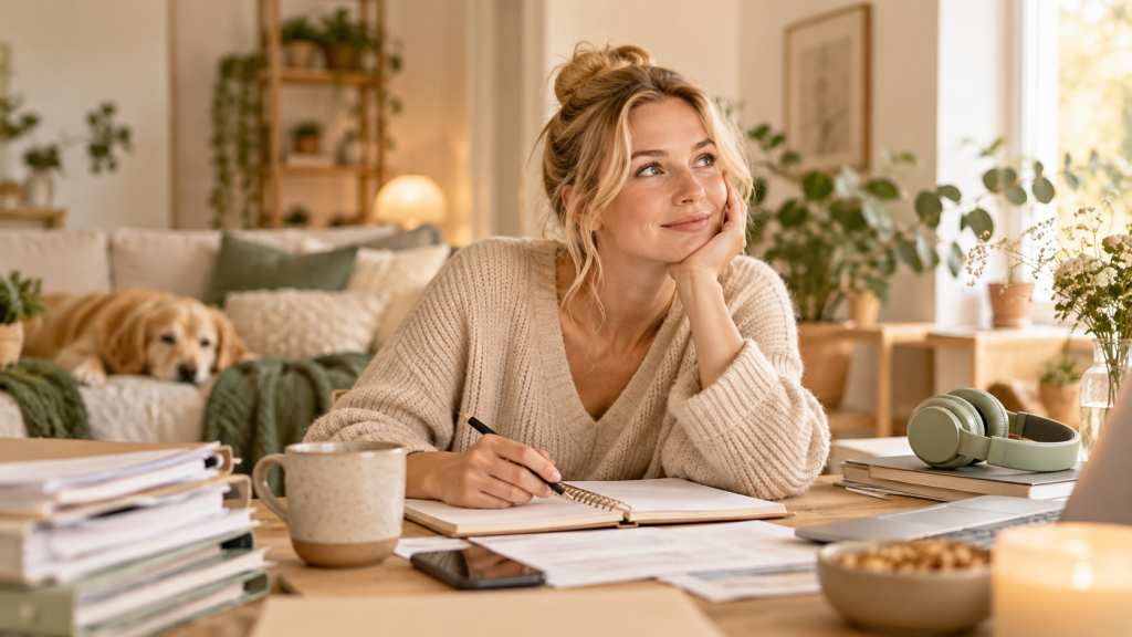 Blonde Frau am Schreibtisch zum Thema ADHS im Gehirn, Dopamin, Aufmerksamkeit und Motivation