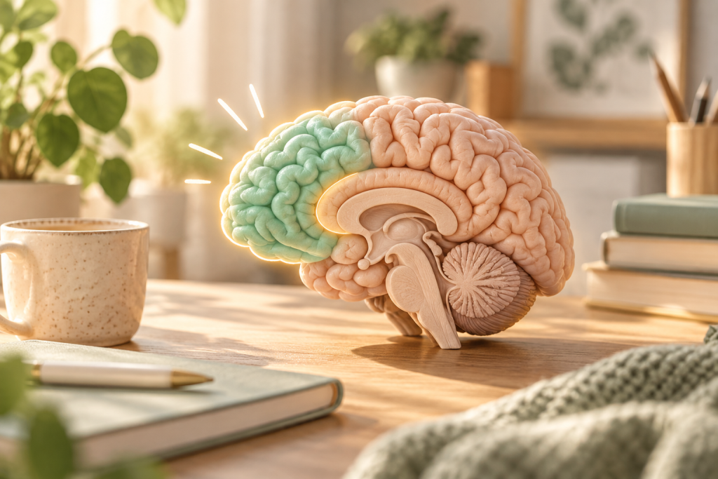 Gehirnmodell mit hervorgehobenem präfrontalem Cortex zum Thema ADHS im Gehirn und exekutive Funktionen