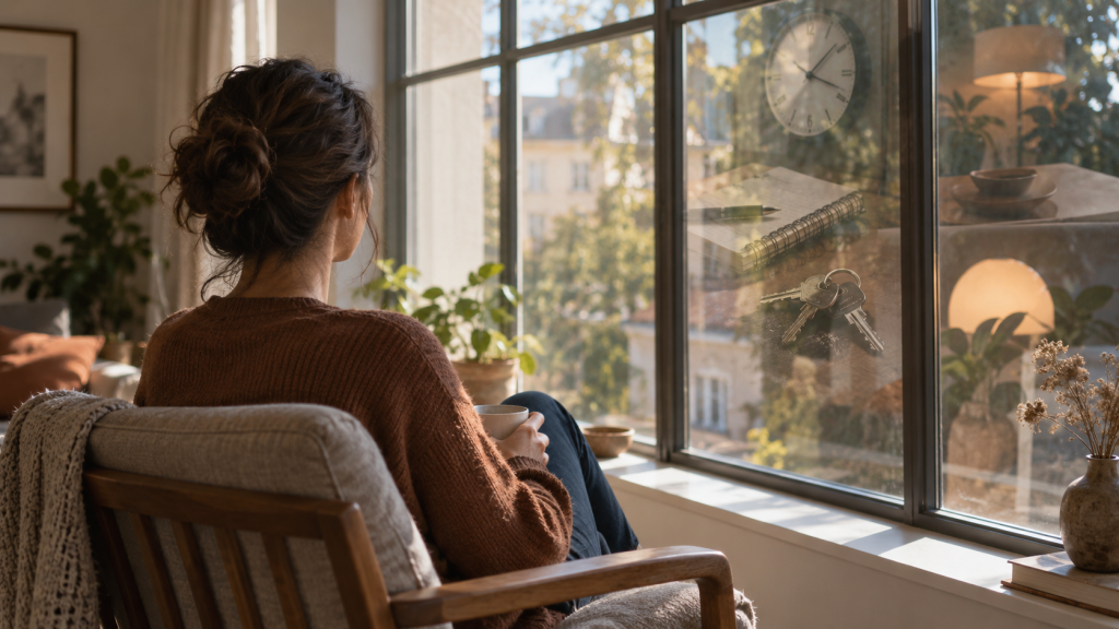 Ruhig sitzende Frau am Fenster mit Spiegelungen von Uhr, Notizbuch und Schlüsseln als Sinnbild für viele gleichzeitige Gedanken