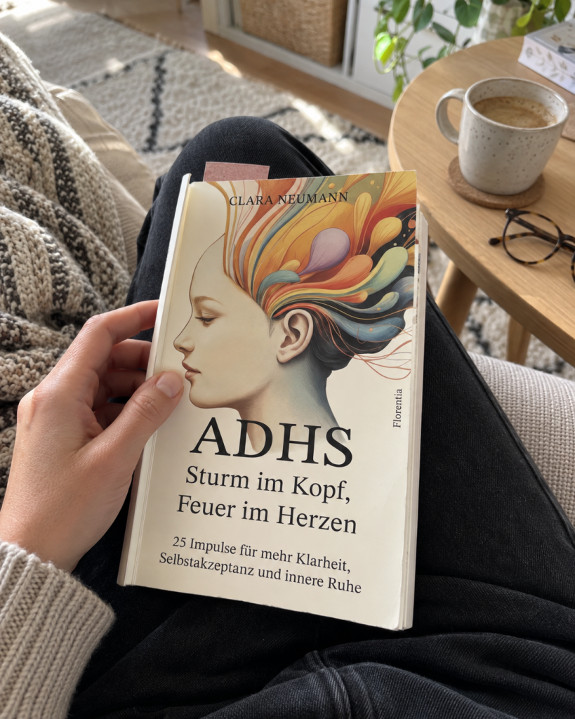 Buch „ADHS – Sturm im Kopf, Feuer im Herzen“ beim Lesen auf dem Schoß