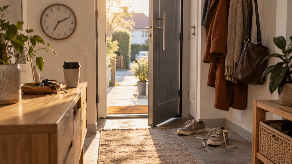 Offene Haustür mit Uhr, Schuhen, Schlüsseln und Tasche als Sinnbild für ein schwieriges Zeitgefühl bei ADHS