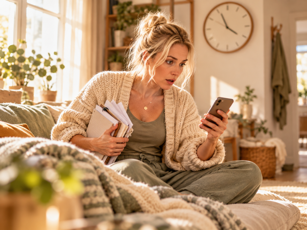 Blonde Frau schaut überrascht auf ihr Handy und hält Notizen in der Hand – Symbolbild für Zeitgefühl und Zeitdruck bei ADHS.