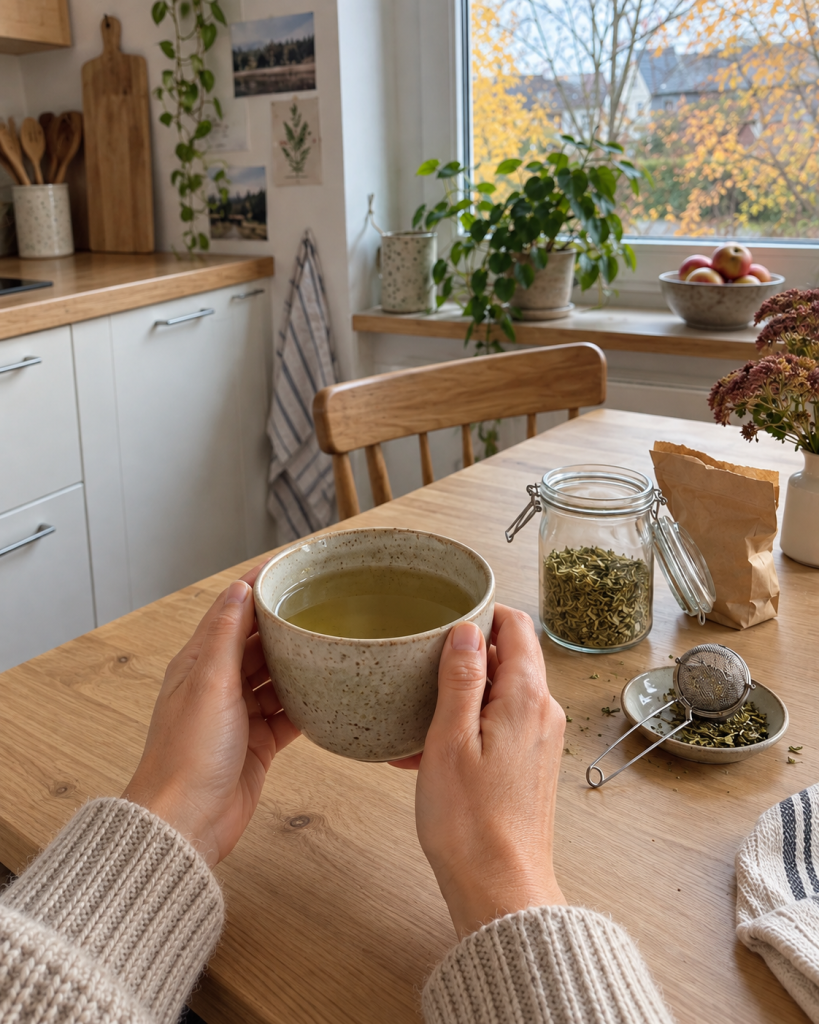 Hände halten eine Tasse Bacopa-Tee neben losen Kräutern und einem Teesieb