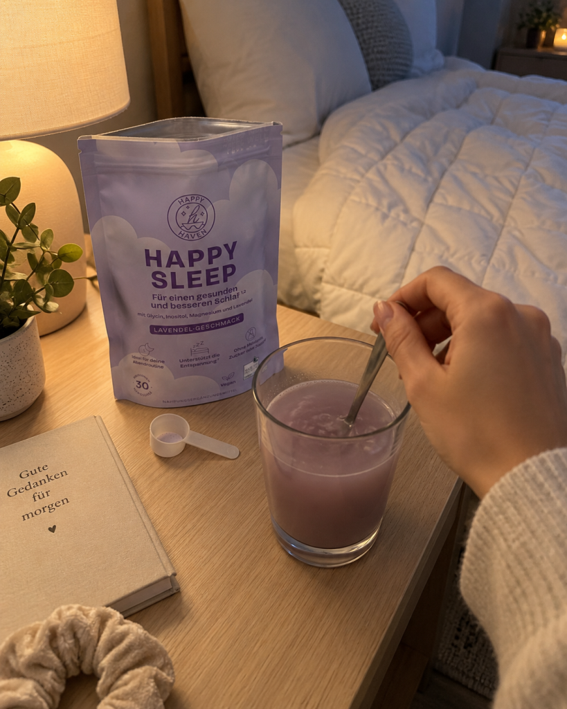 Happy-Sleep-Pulver wird abends in einem Glas neben dem Bett angerührt