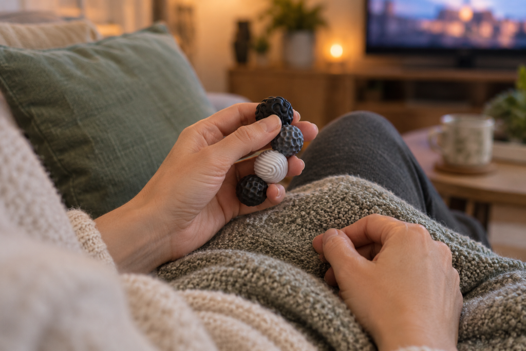 Hand mit magnetischen Fidget-Kugeln beim entspannten Fernsehen auf dem Sofa