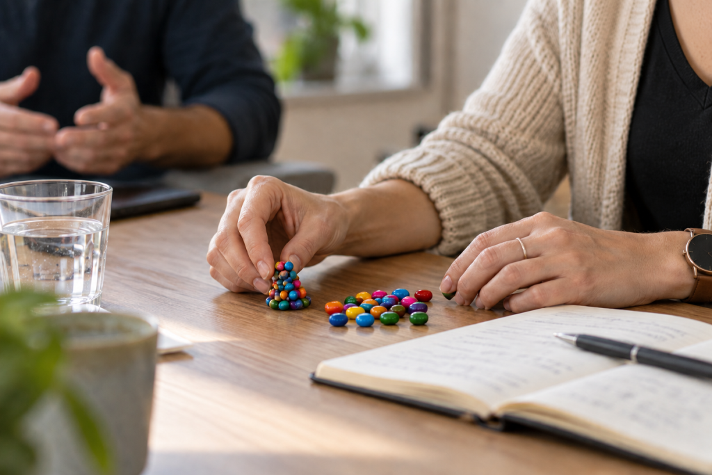 Hände einer Frau mit bunten Mini-Magnetsteinen während eines Gesprächs am Tisch