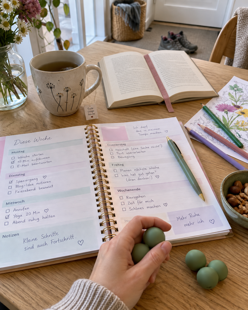 Wochenplan, Fidgetbälle, Buch und Ausmalbild als persönliche Hilfen im ADHS-Alltag