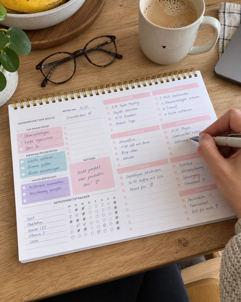 Undatierter Wochenplan mit Aufgaben, Terminen und Gewohnheitstracker im Alltag