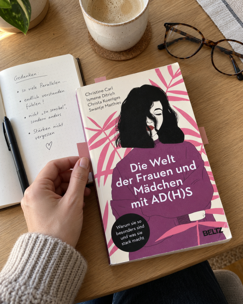 Buch „Die Welt der Frauen und Mädchen mit AD(H)S“ neben persönlichen Notizen
